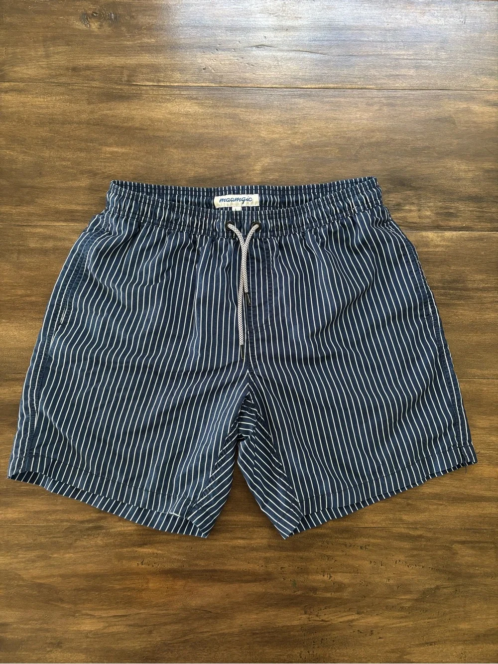 Men’s Maamgic Navy with White Pinstripe Swim Trunks. Size L